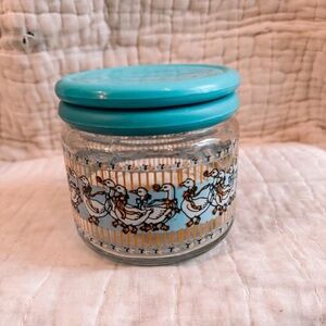 Vintage Goose Patterned Glass Jar with Blue Lid